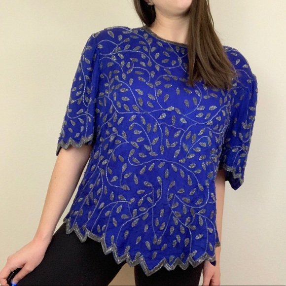 Vintage Tops - Brilliante by J.A. Blue Vintage Beaded Blouse